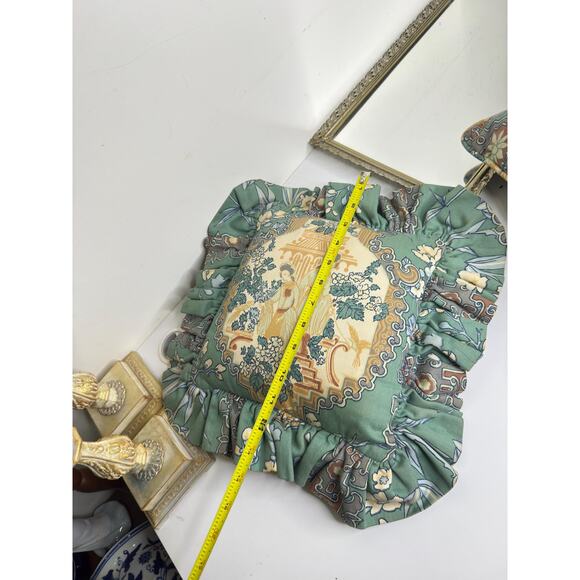 Set of Two Rare Sage Green Japanese Geisha Throw Pillows Chinioserie Garden - Picture 9 of 10